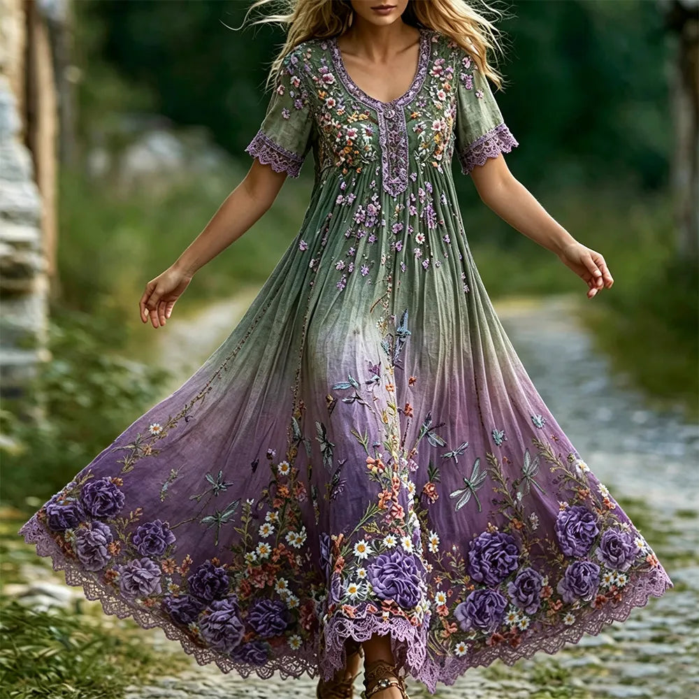 Women's Vintage Purple Floral And Dragonfly Art Gradient Cotton Linen V-neck Short Sleeve Dress