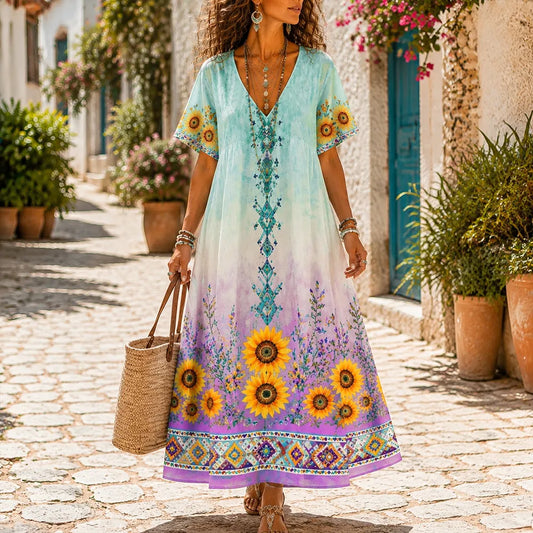 Women's Boho V-neck Maxi Dress With Gradient Tie-dye, Sunflowers, And Geometric Border Print