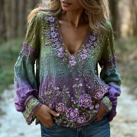 Women's Vintage Floral And Dragonfly Art Gradient Cotton Linen V-neck Long-sleeved Top