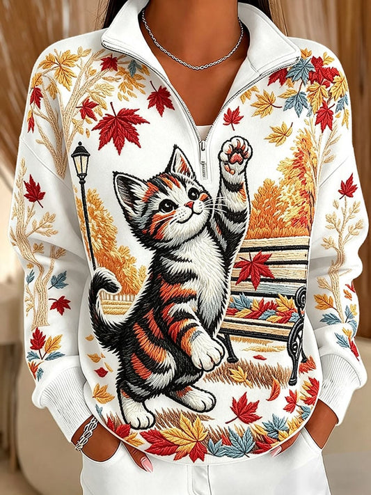 Women's Casual Printed Zipper Collar Long-Sleeve Sweatshirt