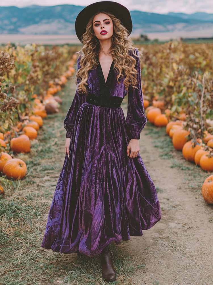 Women's Vintage Halloween Purple Art Comfy Velvet Maxi Dress