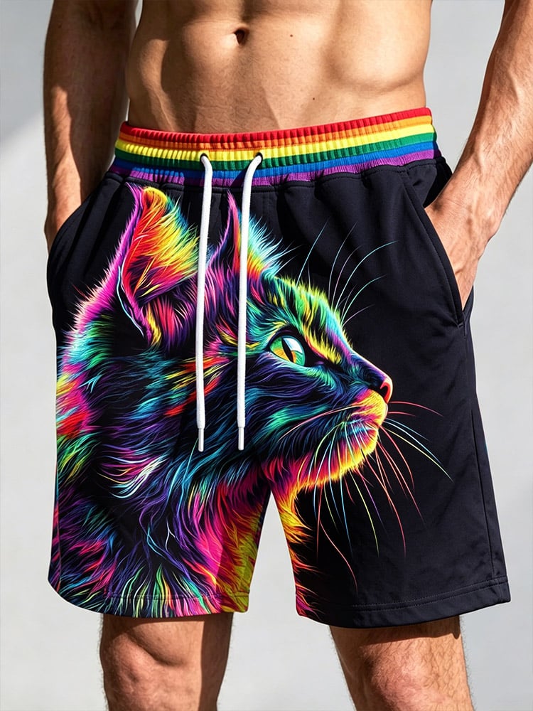 Men's Rainbow Cat Pride Month Print Casual Shorts