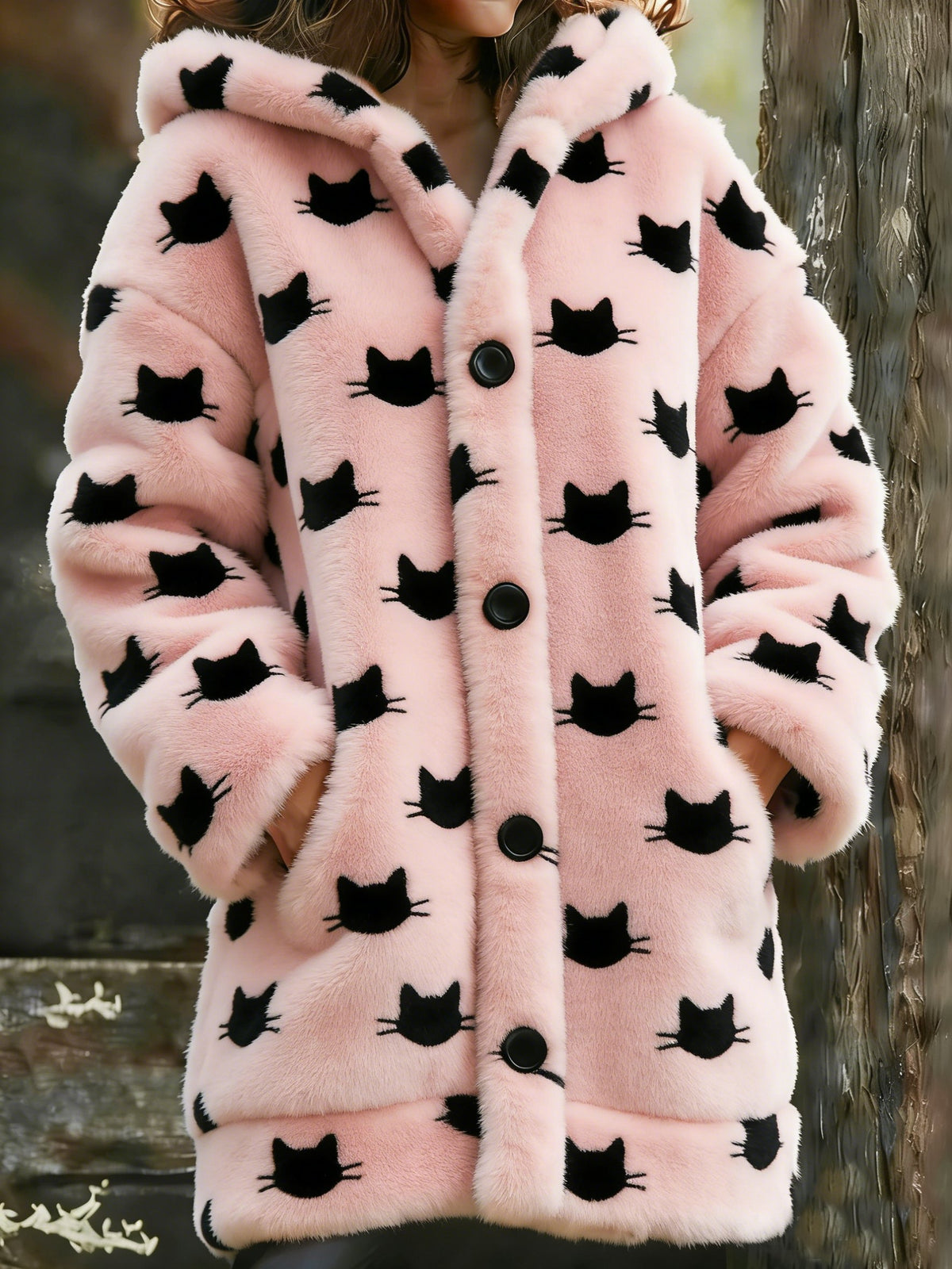 Women's Animal Cat Print Flannel Warm Jacket
