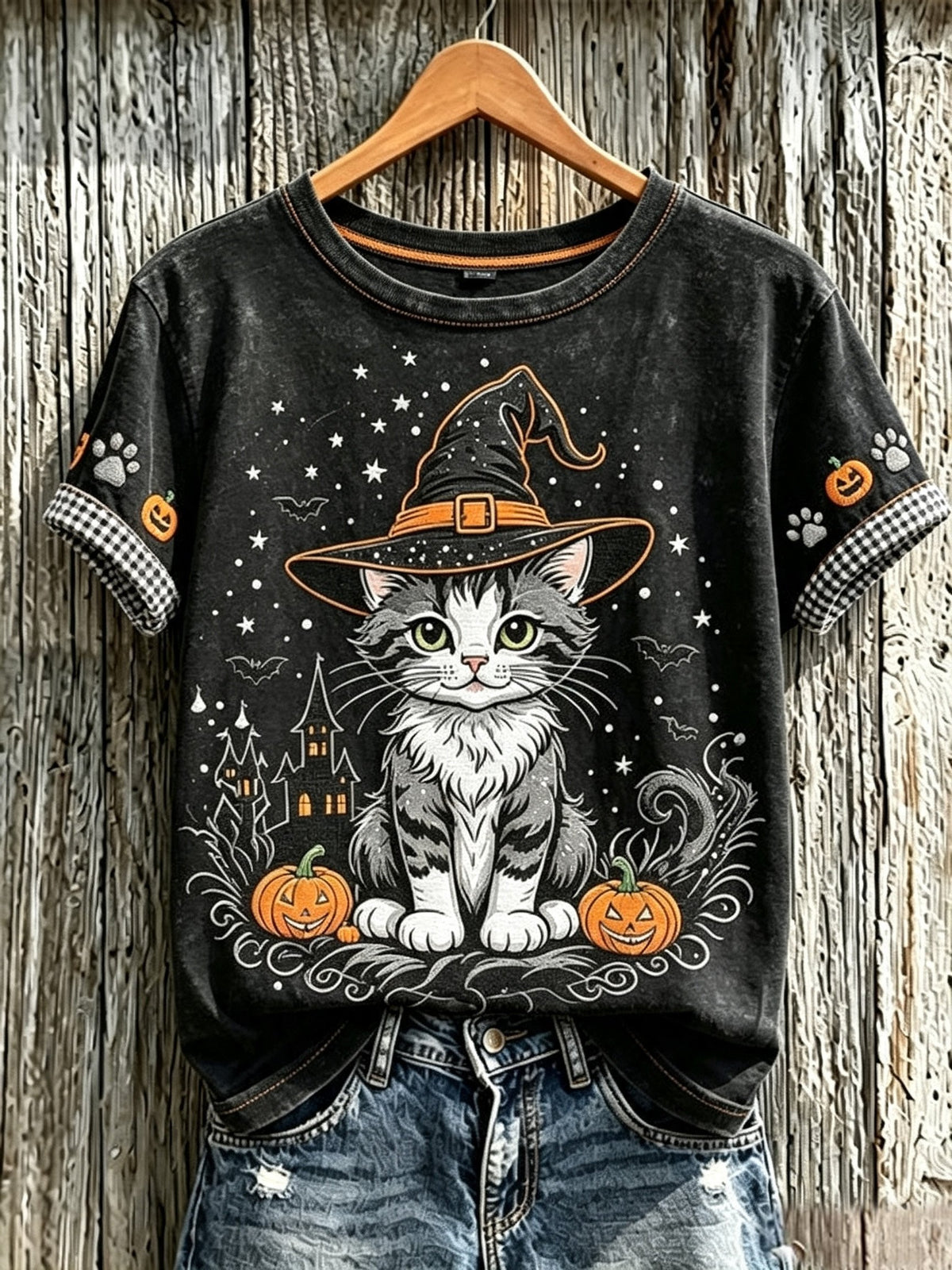 Women's Casual Crew-Neck Top with Cute Cat Print