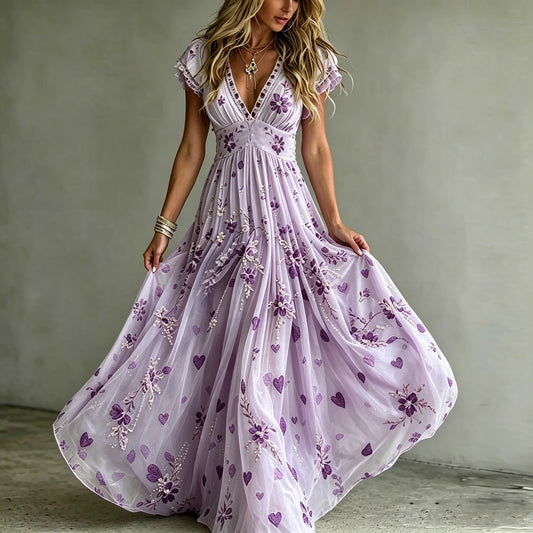Women's Boho Lavender Purple Floral Heart 3d Embroidery Beaded Flowy V Neck Short Sleeve Dress