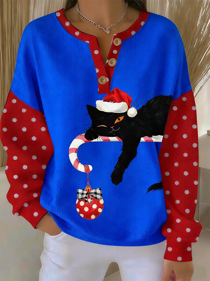 Women's Christmas Cat Print Casual Sweatshirt