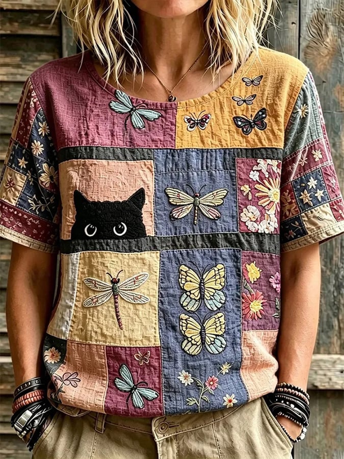 Women'S Animal Cat Floral Print T-Shirt