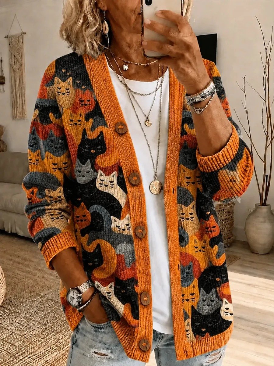 Women's Fall Patchwork Pumpkin Print Cardigan