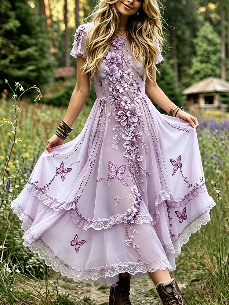 Boho Lavender Butterfly Floral Dress