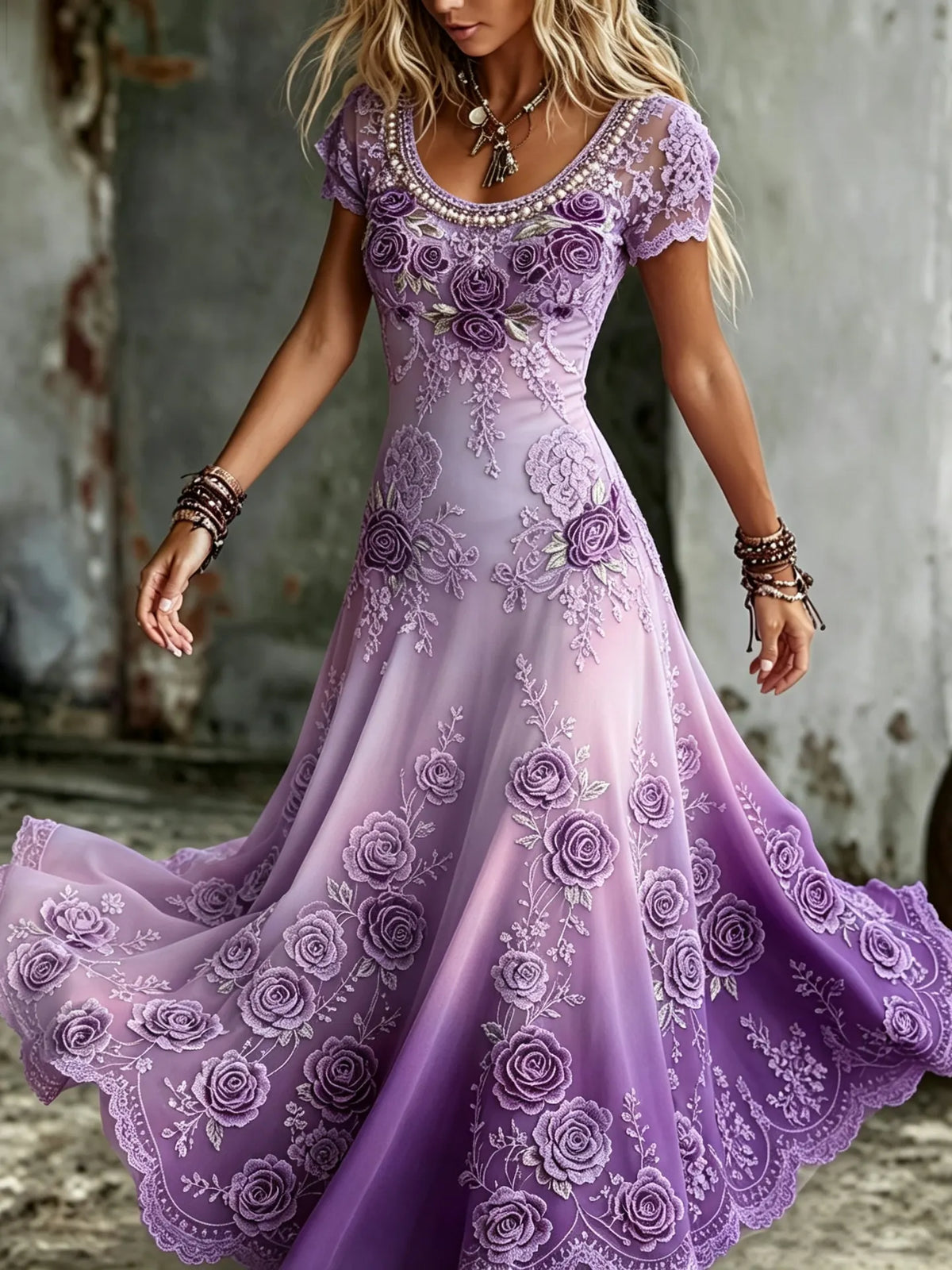 Women's Vintage Purple Rose Embroidered Art Gradient Short Sleeve Flowy Maxi Dress