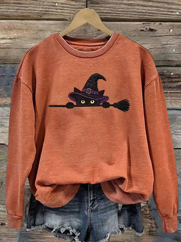Women's Funny Magic Wizard Black Cat Pattern Casual Halloween Sweatshirt