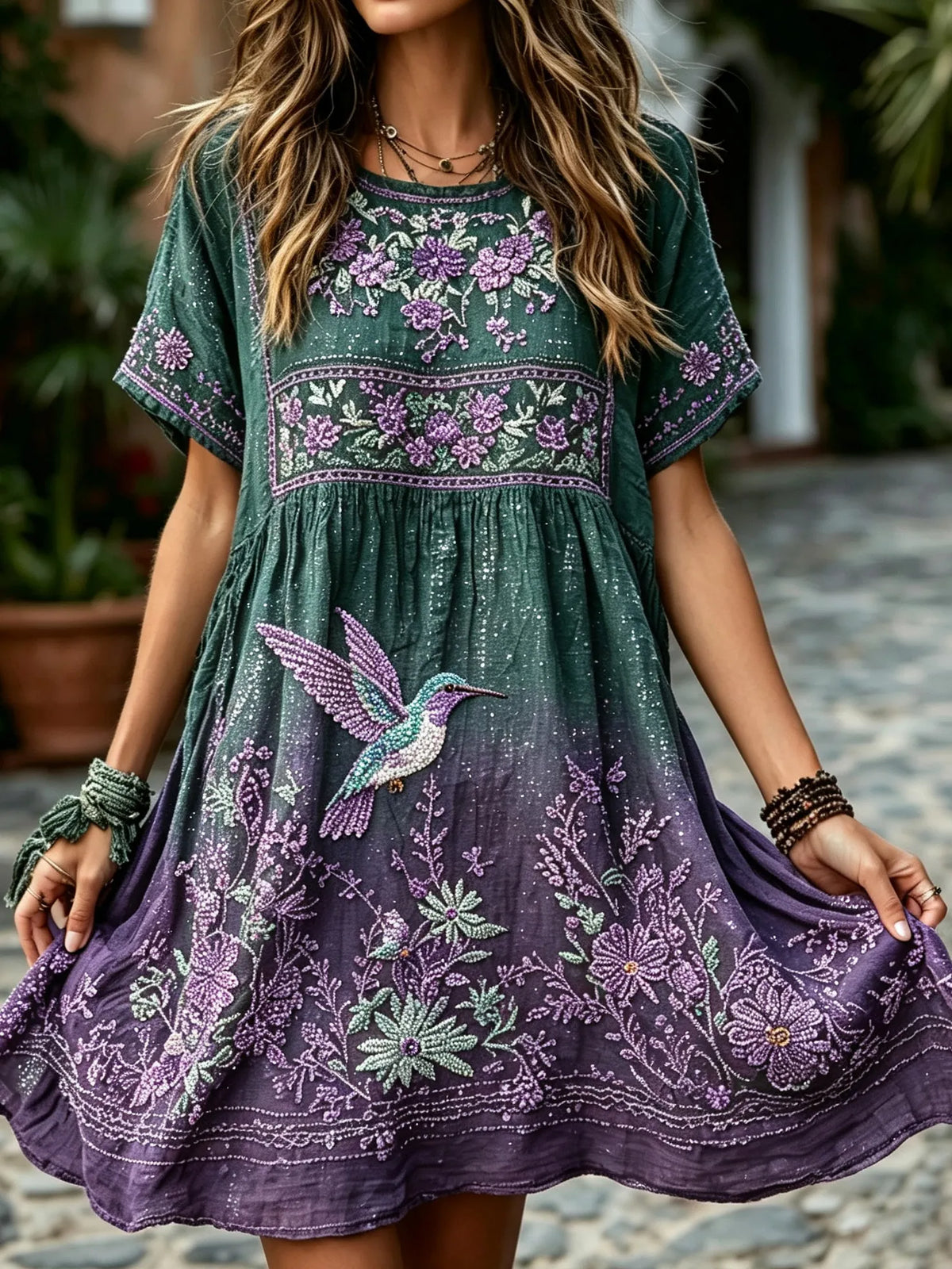Women's Retro Gradient Floral Hummingbird Embroidered Casual Cotton Linen Round Neck Dress