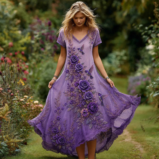 Women's Purple Floral Hummingbird Print Alzheimer's Disease Care Casual V-neck Dress