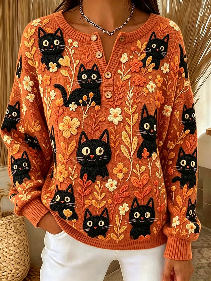 Women's Casual Print Button-Up Collar Knit Top
