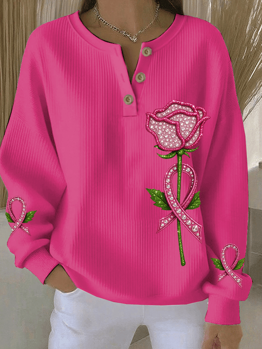 Women's Breast Cancer Awareness Print Casual Three-Button Henley Neck Sweatshirt