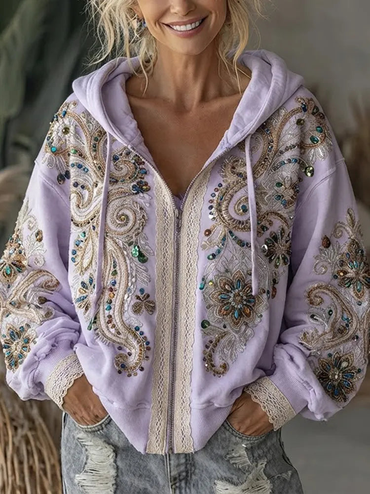 Women's Bohemian Vintage Beaded & Embroidered Lavender Zip Hoodie