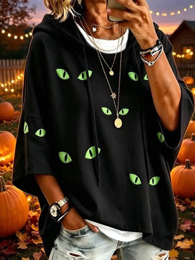 Women's Halloween Cat Print Hooded Sweatshirt