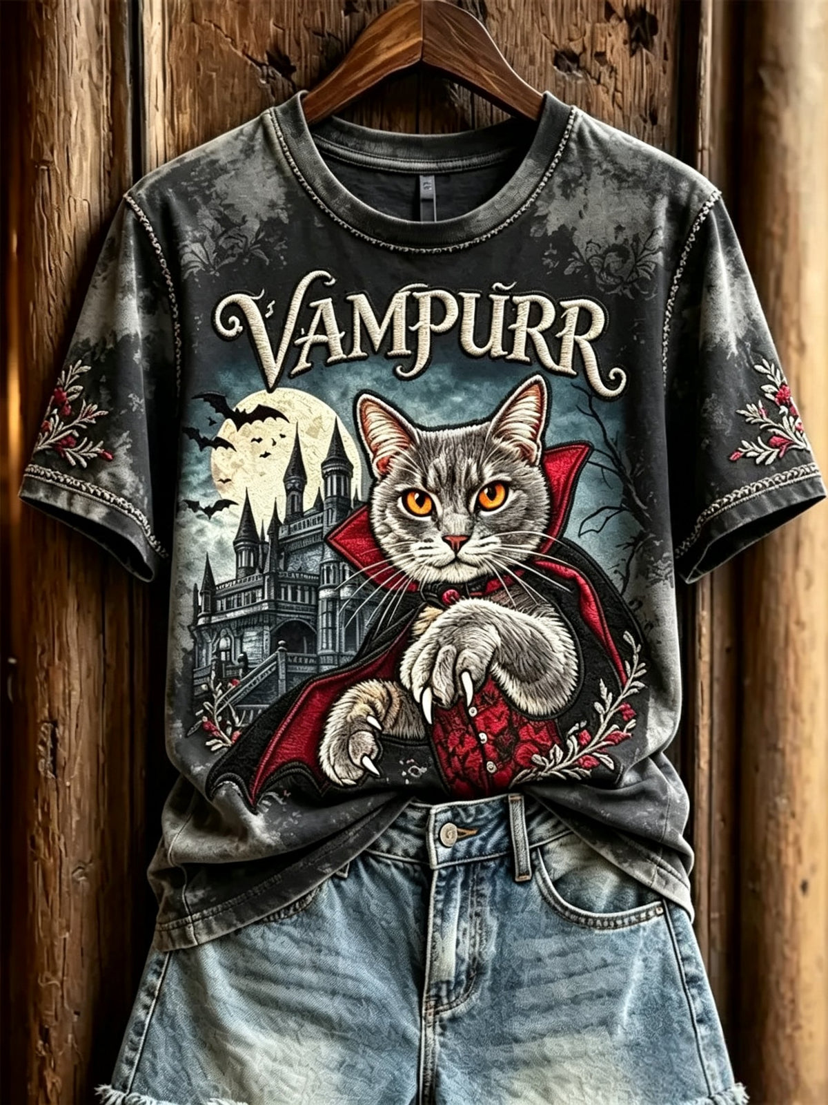 Women's Halloween Vampire Cat Printed T-shirt