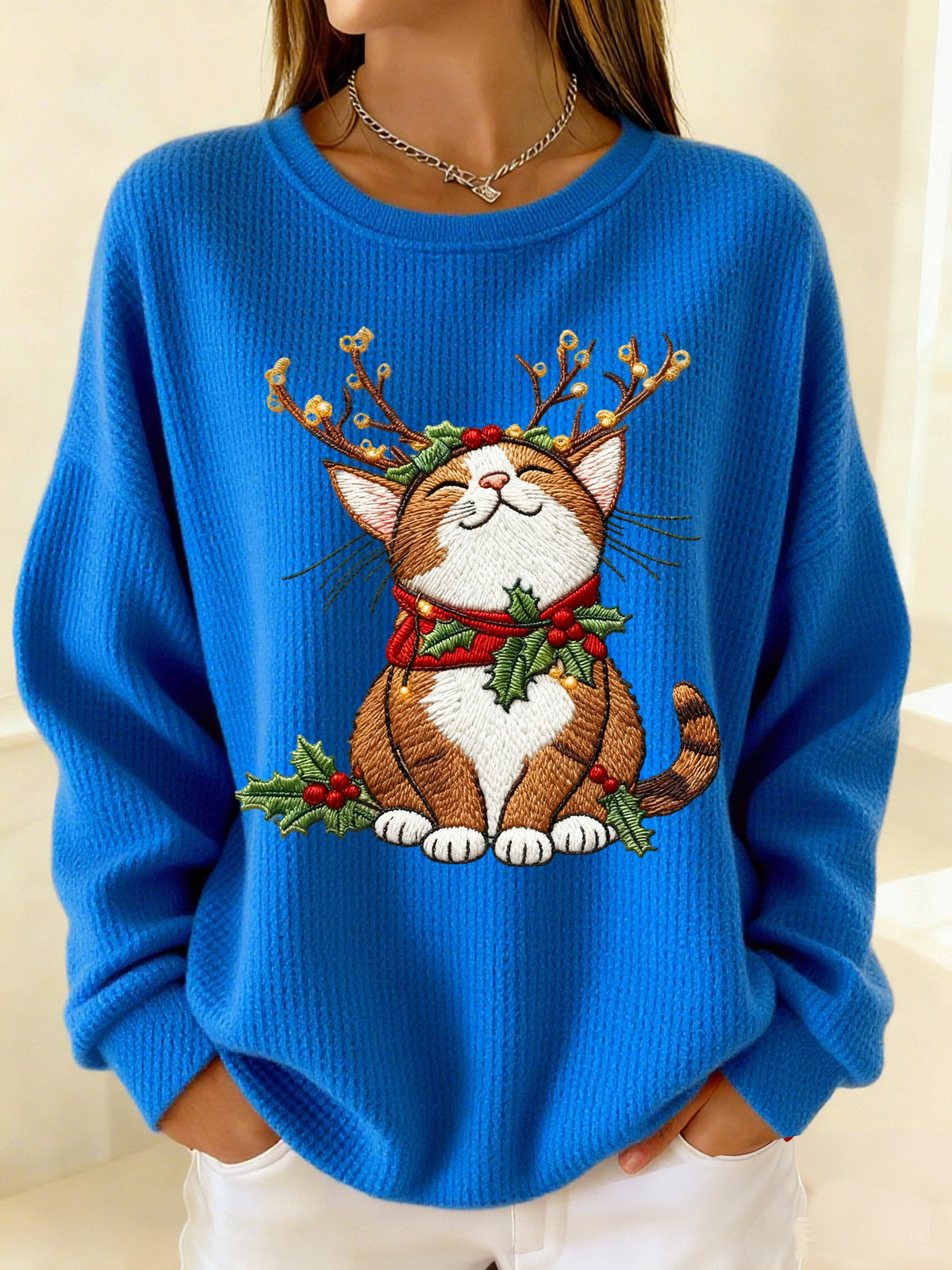 Women's Winter Christmas Cat Print Crew Neck Waffle Top