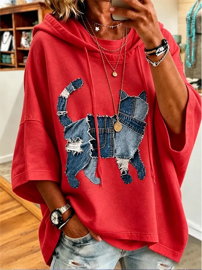 Women's Casual Cat Print Loose Hoodie