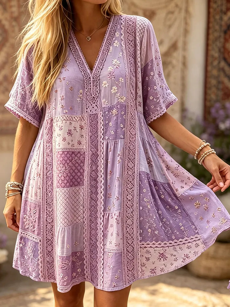 Women's Purple V-neck Short Sleeve Casual Mini Dress With Patchwork And Floral Print