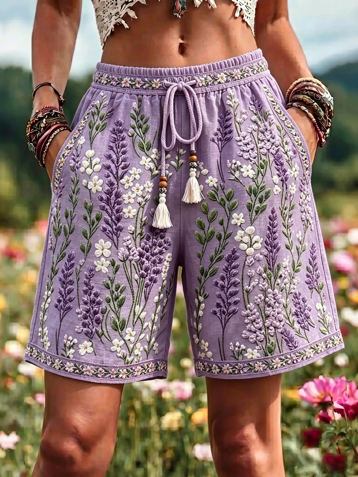 Women's Vintage Floral Art Embroidered Cotton Linen Casual Shorts