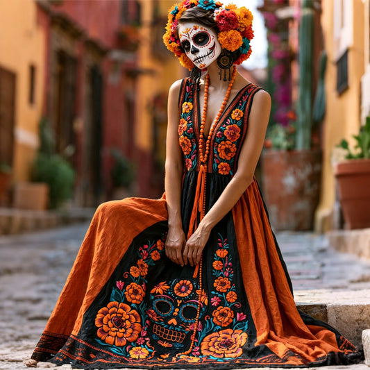 Women's Retro Resort Color-blocked Floral Skull Print V-neck Maxi Dress