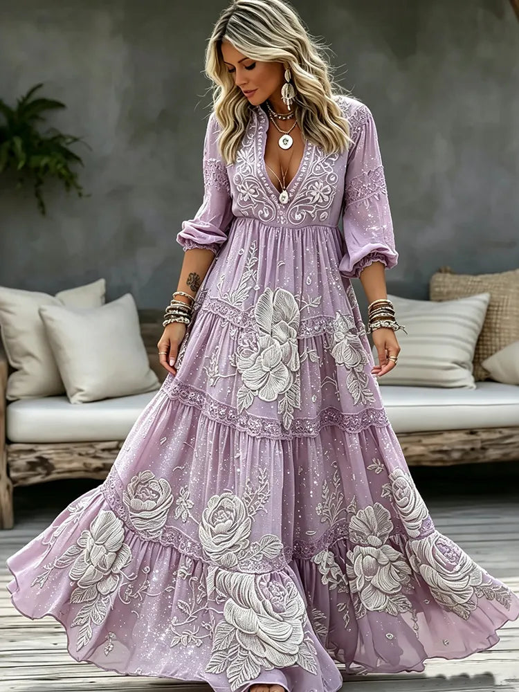 Women's Retro Floral Art Print Casual V Neck Long Sleeve Maxi Dress