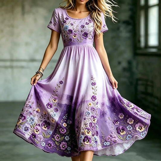 Women's Retro Pansy Art Pattern Casual Dress