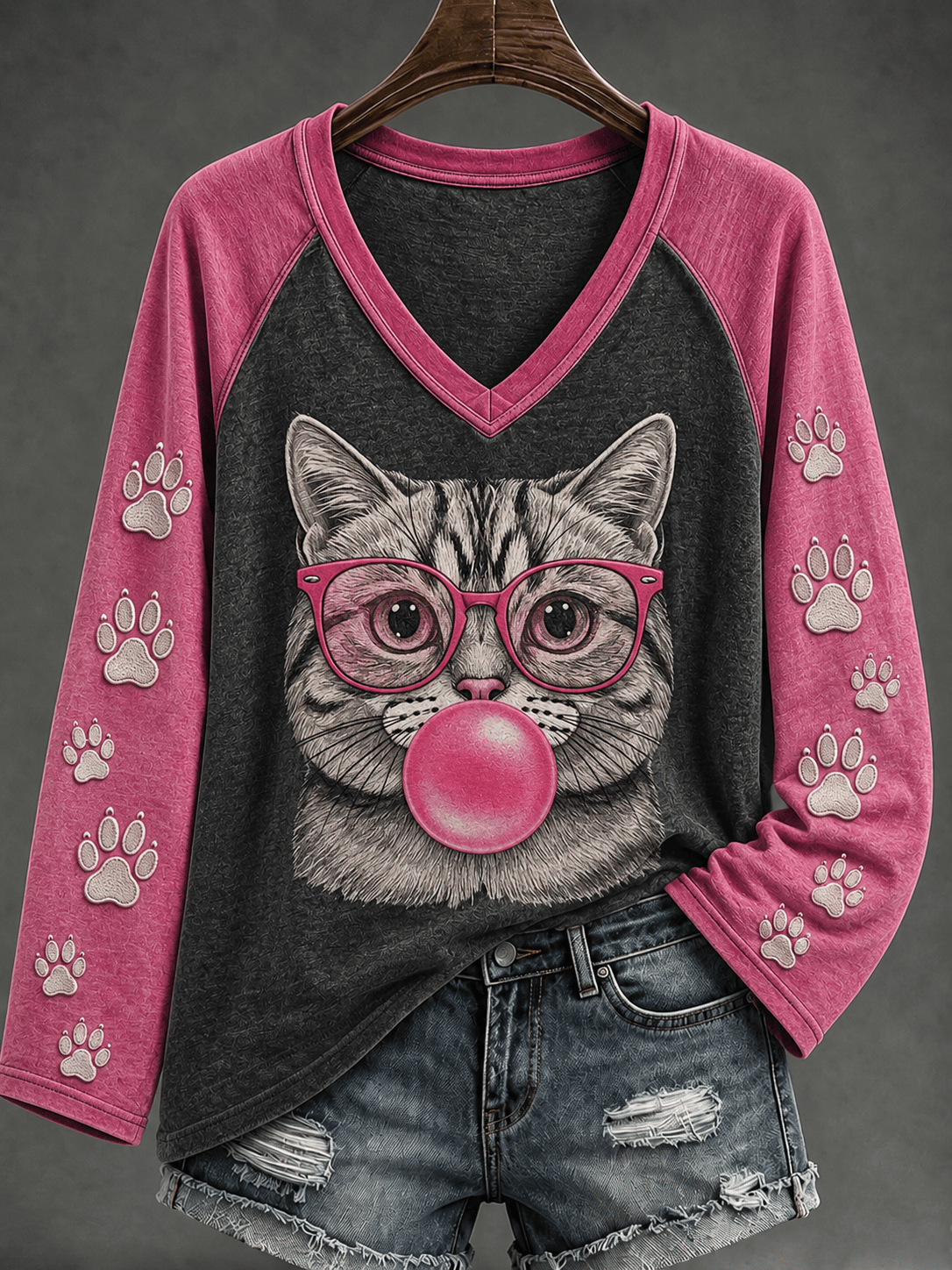 Women's Bubble Kitten Print V-Neck Top