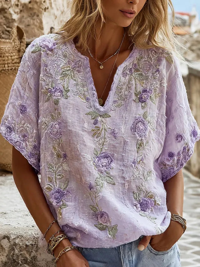 Women's Retro Floral Embroidery Casual Cotton Linen V-neck T-shirt