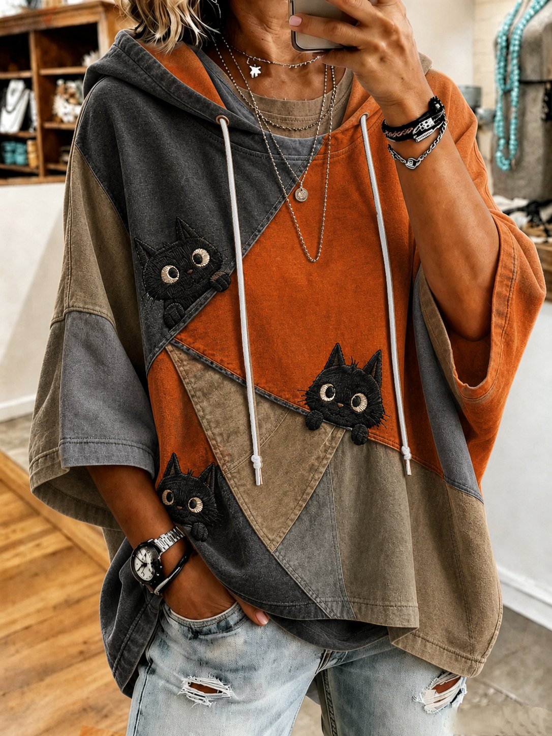 Women's Halloween Mysterious Black Cat Print Hoodie