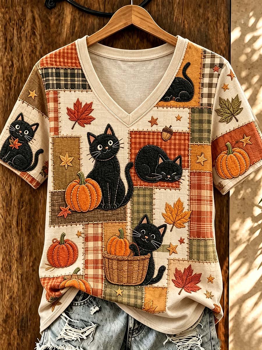 Women's Autumn Cute Black Cat Print Casual V-Neck T-Shirt
