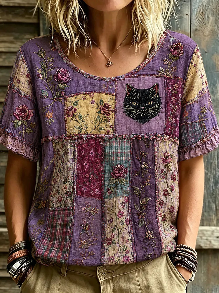 Women's Bohemian Floral And Black Cat Art Pattern Casual T-shirt