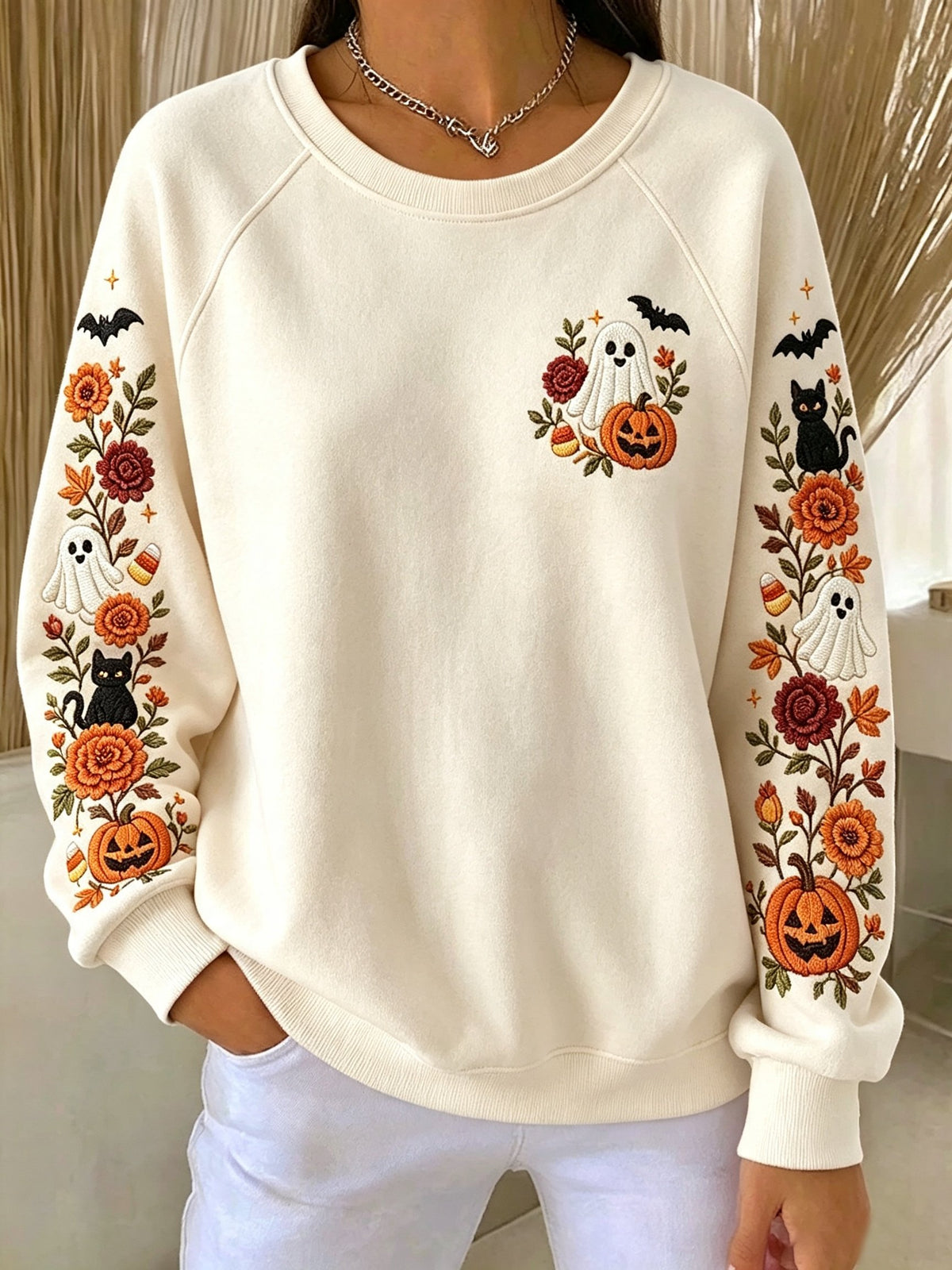 Women's Vintage Floral Ghost Cat Print Raglan-Sleeve Crewneck Sweatshirt