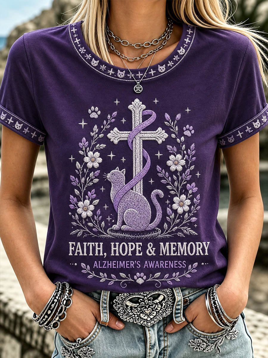 Women's Alzheimer's Awareness Floral Cat & Faith Crewneck Top