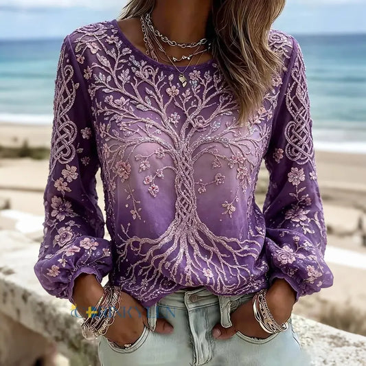 Women's Retro Floral Life Of Tree Art Flowy Long Sleeve Linen T-shirt