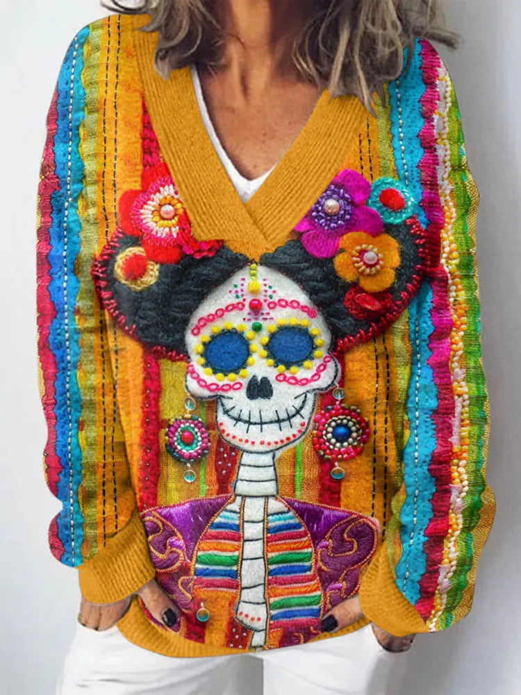 Women's Mexican Sugar Skeleton Catrina Day Of The Dead Inspired Printed Light Sweater