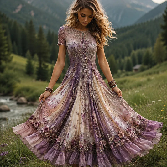 Women's Vintage Purple Gradient Floral Beaded Ruffle Hem Maxi Dress
