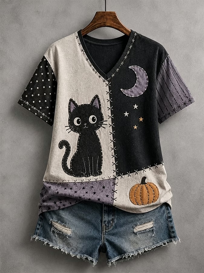 Women's Halloween Scary Pumpkin Face Cat Art Print Top