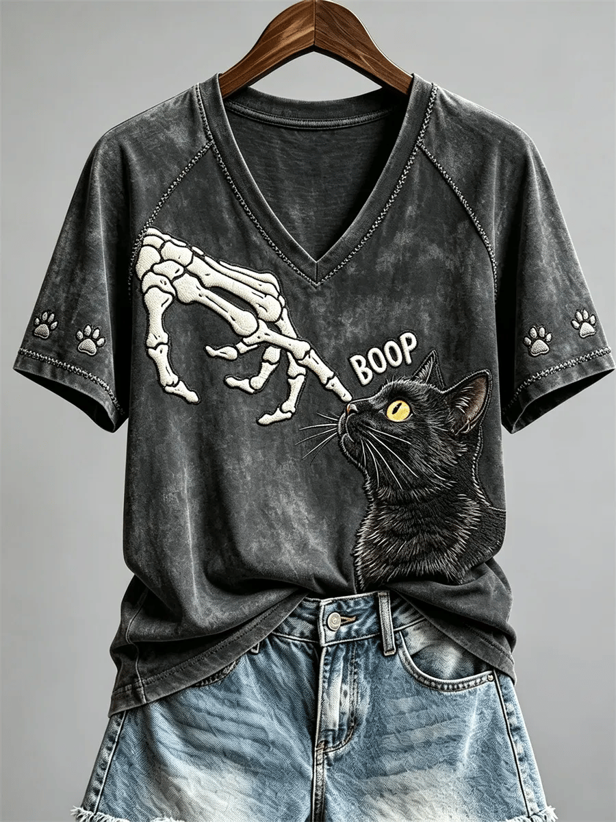 Women's Casual Black Cat Print Halloween Top