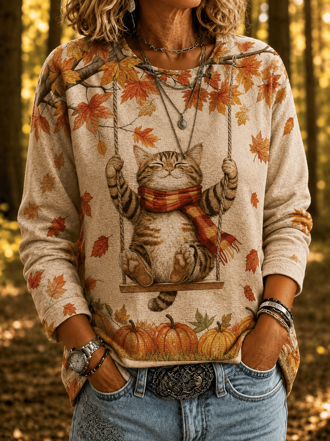 Women's early autumn maple leaf and kitten print round neck top