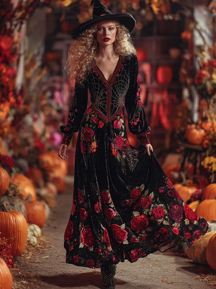 Women's Classic Halloween Rose And Spider Web Art Comfy Velvet Maxi Dress