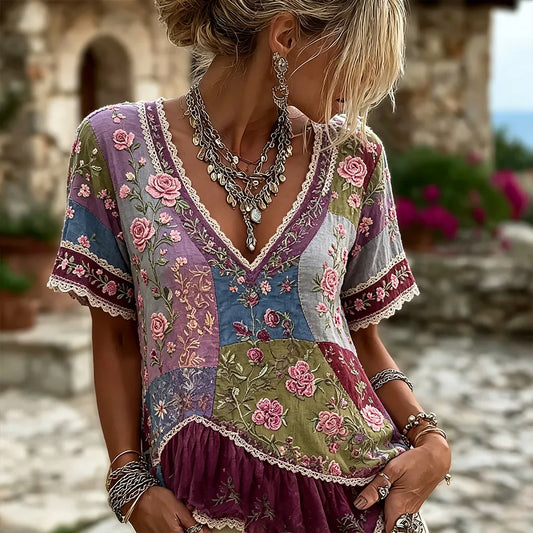 Women's Pink Floral Art Patchwork Vintage Cotton Linen V-neck Short Sleeve Top