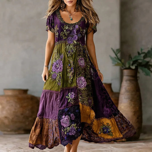 Women's Retro Purple Rose Patchwork Embroidered Casual Round Neck Dress