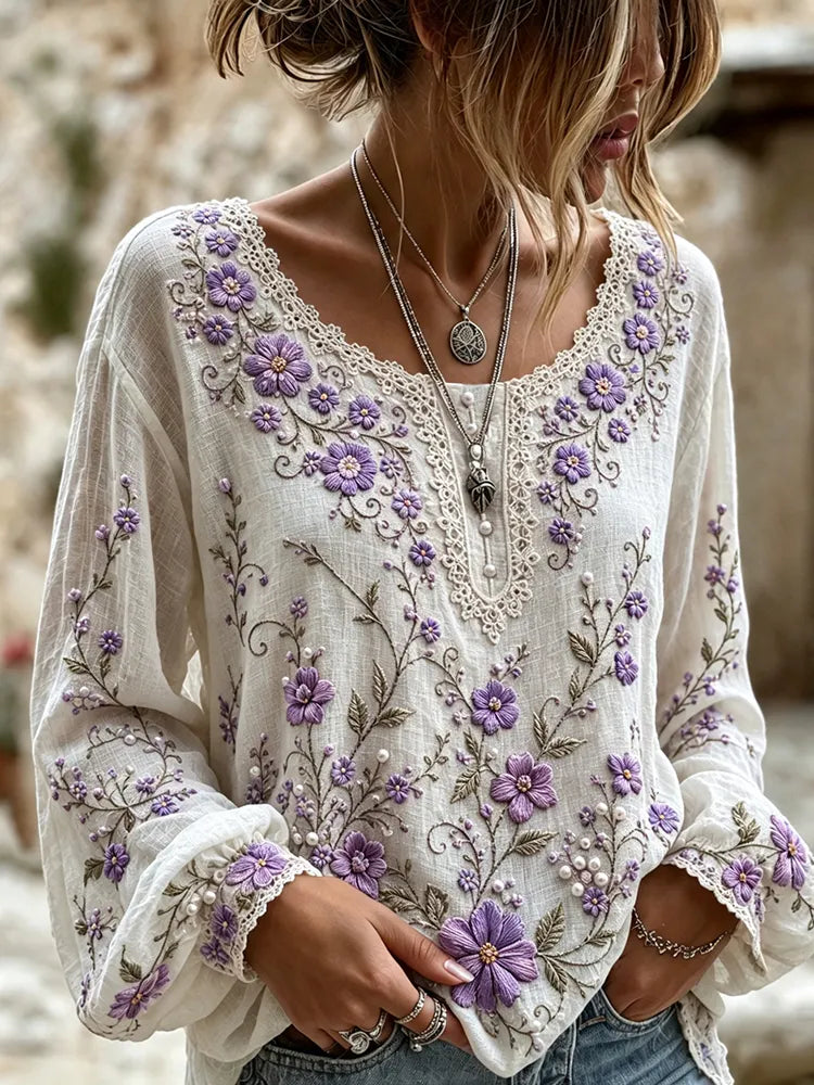 Women's Retro Floral Art Flowy Long Sleeve Linen T-shirt