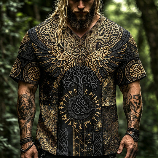 Men's Black Gold Vintage Viking Yggdrasil Tree Of Life 3d Embroidery Tee, Norse Rune Eagle Wing Celtic Knot Patchwork V Neck Short Sleeve Top