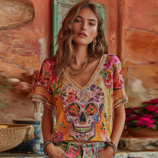 Women's Classic Mexican Sugar Skeleton Catrina Day Of The Dead Inspired Painting Embroidered Casual Linen V Neck T-shirt