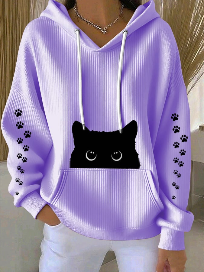 Women's Casual Black Cat Textured Hoodie