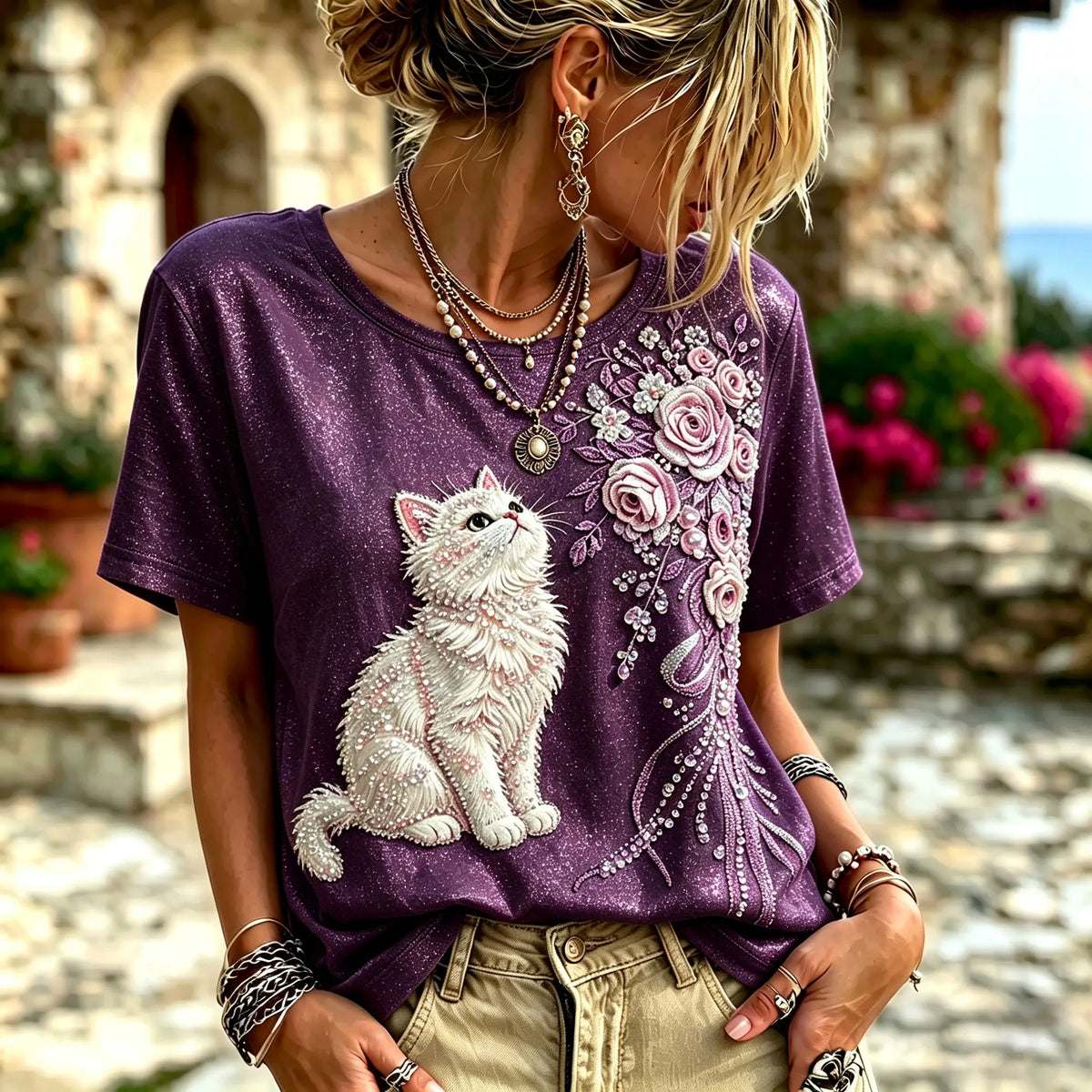 Women's Vintage Cute Cat And Floral Embroidery Art Round Neck Short Sleeve T-shirt